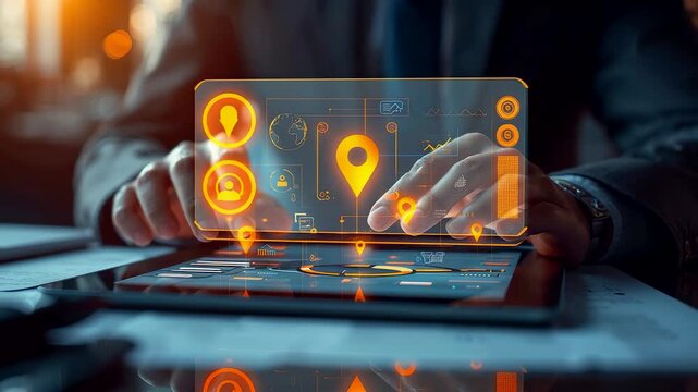 Businessman using digital tablet with holographic navigation interface and glowing map technology concept for global data connectivity - Powered by Adobe