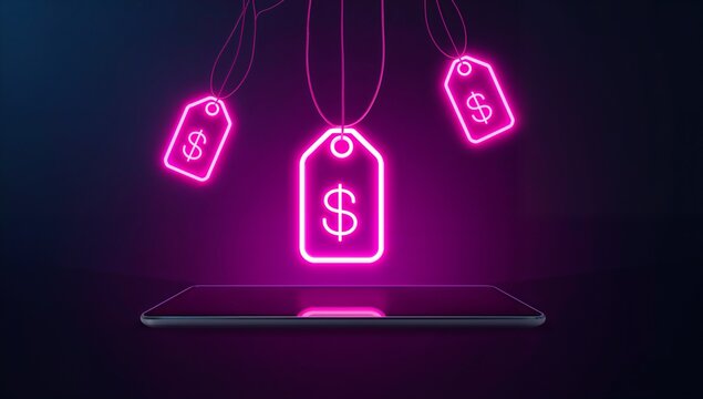Vibrant neon dollar sign tags float above a sleek smartphone, symbolizing digital commerce and online shopping deals.