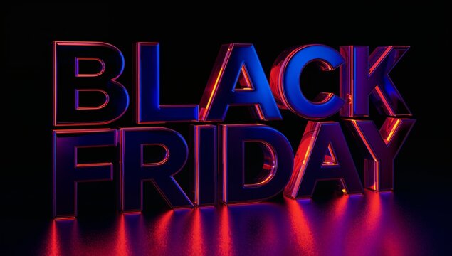 Dynamic Black Friday 3D text glows with vibrant red and blue neon lights, perfect for festive sale promotions.