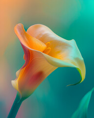 Zbliżenie na kolorowy kwiat kalii na tle w odcieniach turkusu i pomarańczu – elegancka forma i subtelne przejścia barw.