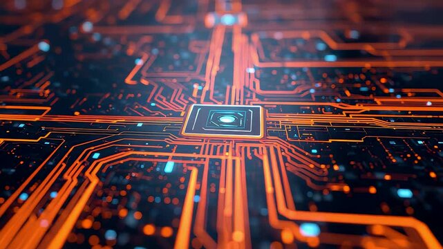 Advanced microchip network with glowing orange circuits and central processor, high tech digital motherboard design for innovation concept