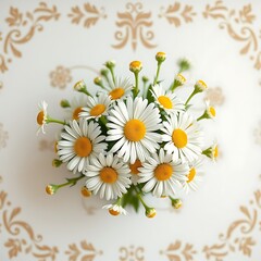 Obraz premium Botanical style, three-quarter top-down view, a boquet of daisies. Cottage vibes.