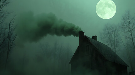 An eerie scene unfolds under a full moon, with smoke billowing from a cabin chimney, all bathed in a mystical green hue, evoking a sense of mystery and intrigue in the dark forest.