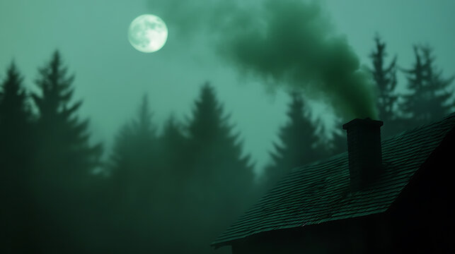 Eerie cabin scene featuring a full moon casting a spectral glow over a remote woodland cabin, chimney softly emitting smoke against a foggy, evergreen backdrop.