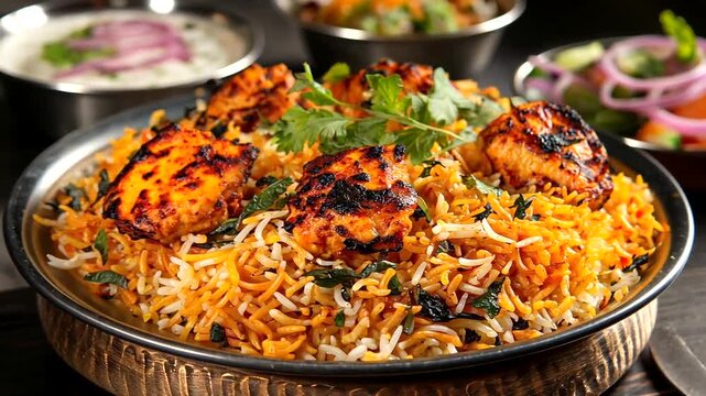 Delicious chicken biryani, a popular Indian dish, served with raita and salad.