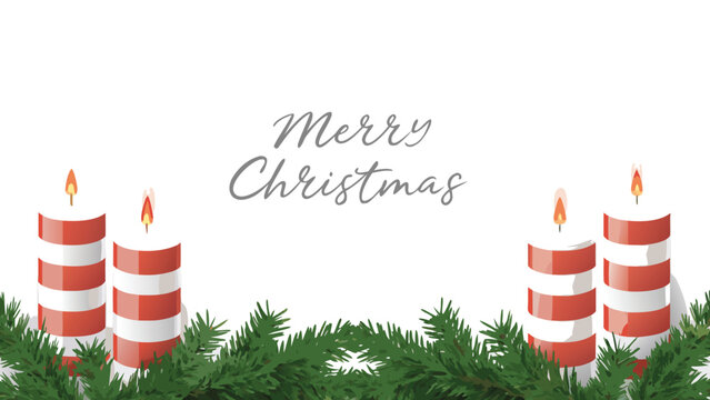 Festive merry christmas greeting card with burning candles and evergreen fir branches on a white background