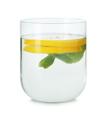 Refreshing water with lemon and mint in glass isolated on white