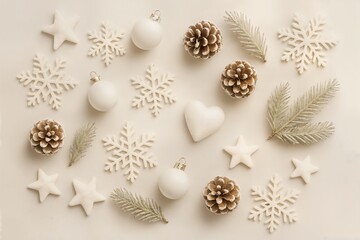 Soft and minimalist flat lay with white Christmas ornaments, pinecones and snowflakes on beige background, cozy winter aesthetic