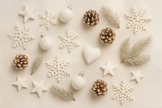 Soft and minimalist flat lay with white Christmas ornaments, pinecones and snowflakes on beige background, cozy winter aesthetic