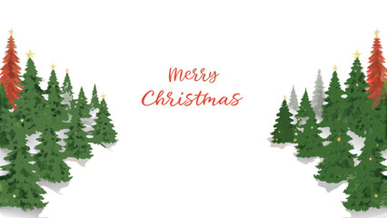 Festive merry christmas greeting card with a snowy forest of evergreen trees and golden star ornaments