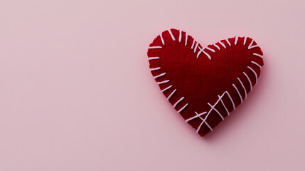 Embroidered love: A charming red heart, stitched with white, sits against a soft pink backdrop. A symbol of handmade affection & warm feelings. (175 char)
