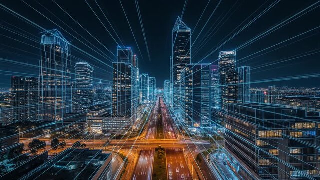 Futuristic cityscape at night with glowing blue lines representing data flow and connectivity over modern skyscrapers and a busy highway. - Powered by Adobe