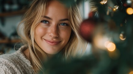 Smiling woman by a Christmas tree with holiday lights and ornaments.
