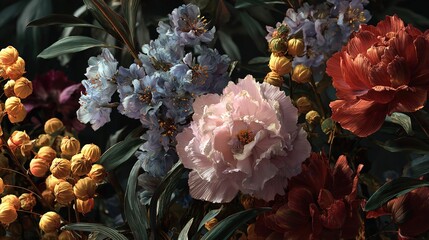 Floral still life composition showcasing pink, blue, yellow, and red flowers in a bouquet.