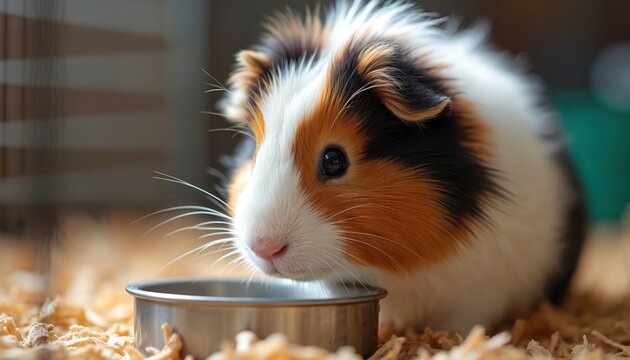 Fluffy tri-color guinea pig with long hair drinks water from a metal bowl. Small rodent is in a cage with wood shavings on floor. Pet has white black and orange fur. Cute rodent closeup.
