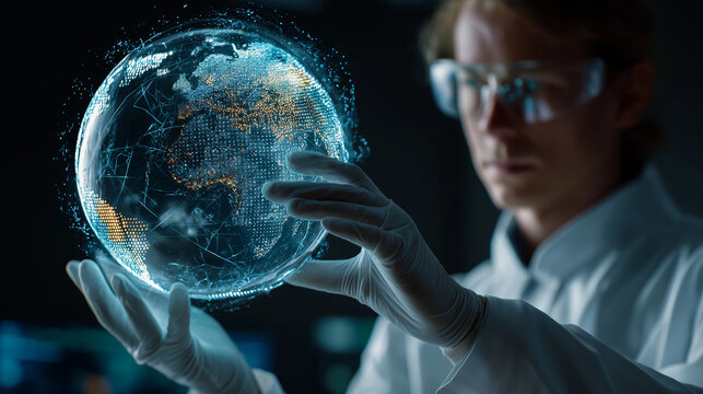 Scientist analyzing digital globe showing temperature change using holographic screen.
