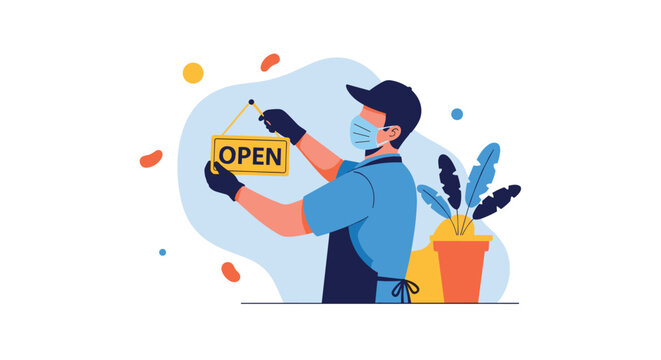 A person wearing a mask and gloves hangs an open sign to welcome customers back.