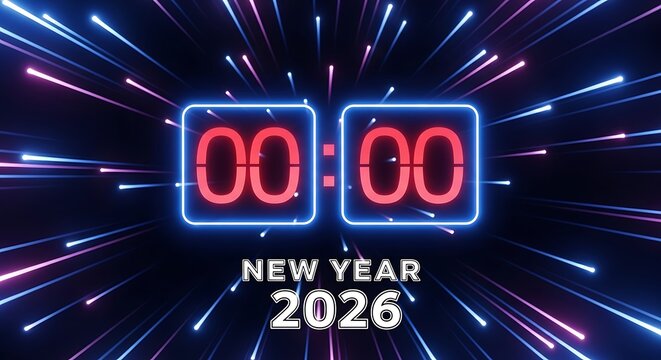 Countdown to 2026 New Year's Eve party with vibrant neon lights and digital clock