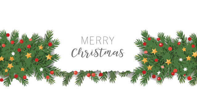 Festive merry christmas greeting card with decorated pine branches and red baubles and gold stars