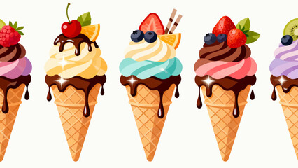 Ice cream desserts, ice cream cones, cartoon hand-drawn vector illustrations