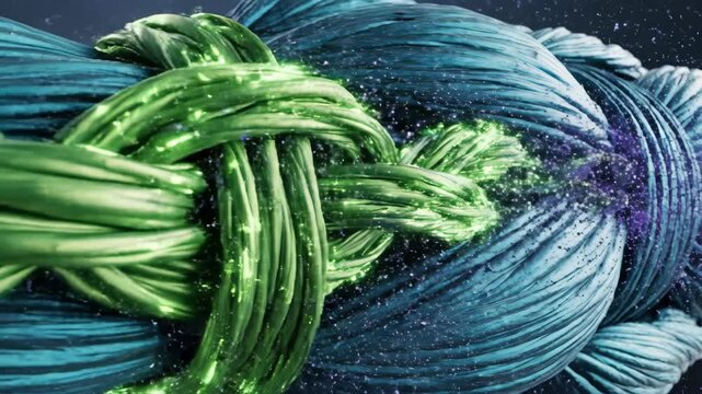 Metaphor for strength, showing energy particles being transformed into new emerald fibers, reinforcing muscle.
