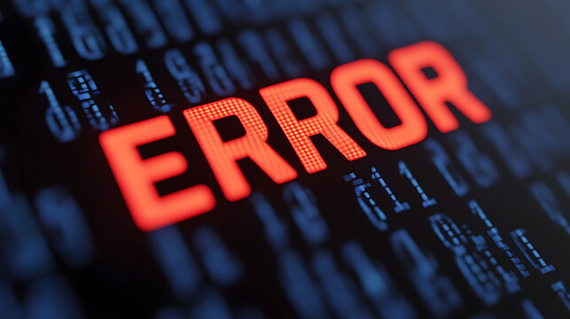 Digital screen displaying an ERROR message with bright red letters, set against a blurred background of blue numbers and codes. A stark warning in a technological context.
