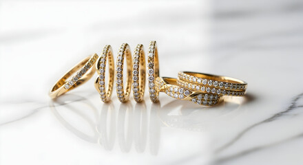Naklejka premium Stunning collection of sparkling diamond-encrusted gold rings elegantly displayed on a white marble surface