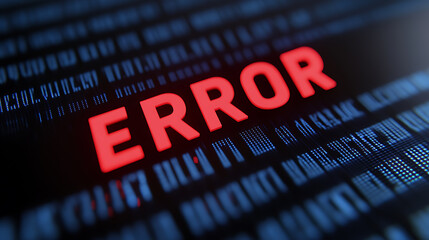 A digital error message is displayed in red over a blue matrix-like background. The term ERROR stands out, signaling a system malfunction or operational issue.