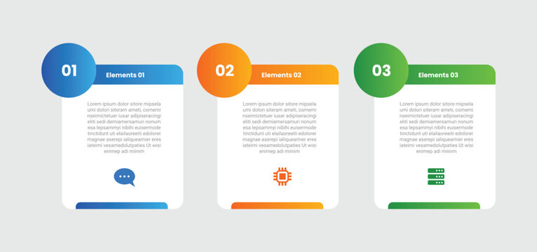3 points infographic with gradient style with round square box with circle badge on top side with 3 elements stages