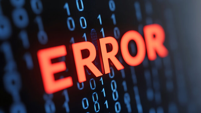 Digital error message with the word "ERROR" in bold red letters against a background of binary code. Problem notification on computer, system failure, programming bug or malware detected.