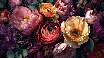 A Lush Bouquet of Flowers in Romantic Hues with Dark and Moody Lighting