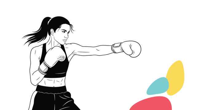 Line art illustration of a female boxer throwing a punch with boxing gloves on.