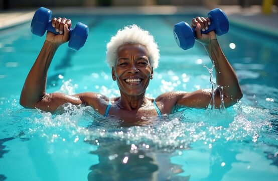 Smiling senior woman lifting dumbbells in a pool. African female enjoys water workout at sunny day. Mature lady exercising with weights for wellness, fitness and healthy lifestyle and strong body. - Powered by Adobe