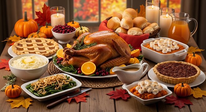 Thanksgiving feast roasted turkey and side dishes on a wooden table
