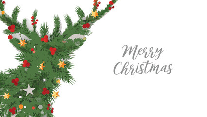 Festive christmas reindeer antlers made of evergreen branches adorned with red berries and golden stars on a white background with merry christmas text