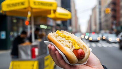 Hand holding a  hot dog with mustard and sauerkraut in front of a city street cart
