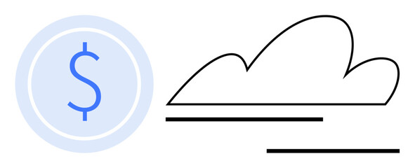 Dollar sign inside a circle next to a cloud with three lines representing speed or connection. Ideal for finance, cloud computing, technology, banking, online services, cost management