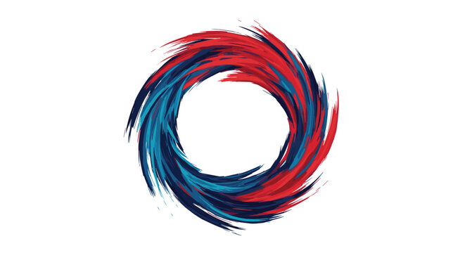 Abstract swirling vortex of red and blue brush strokes against a white background.