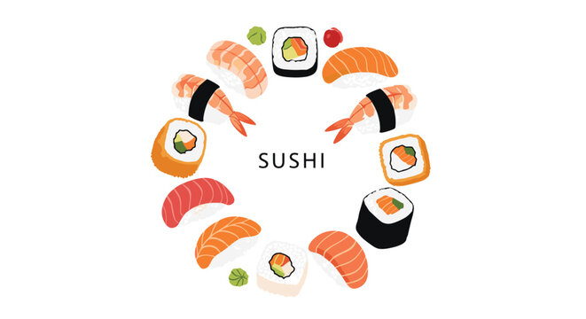 Circle of assorted sushi and rolls with the word sushi in the center on a white background.