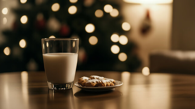 A glass of milk and cookies sit on a wooden table, illuminated by the soft glow of festive lights in the background. A cozy holiday scene, evoking feelings of warmth and anticipation. - Powered by Adobe