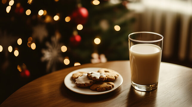 Cookies and milk for the holidays. A plate of delicious cookies and a glass of milk rest on a wooden table, with the warm glow of the holiday tree in the background.