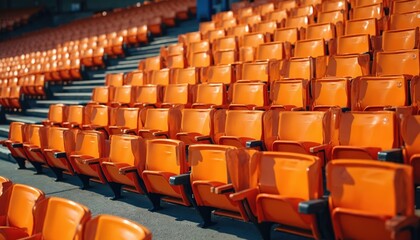 Empty orange plastic seats in rows fill a large sport stadium tribune under bright sunlight. The arena is vacant, waiting for an audience to fill the stands for an event. Ready for a game or show.