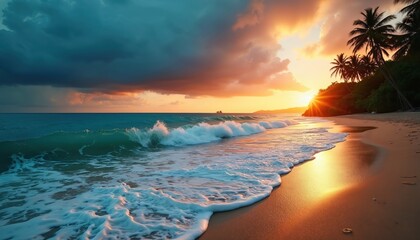 Seascape panorama view during dramatic sunset. Waves roll onto sand beach with palm trees. Sunlight bursts through dark blue storm clouds over calm sea. Tropical island. Exotic travel destination.