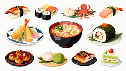 apanese cuisine, sushi, eel rice, ramen, seaweed rice, fried shrimp, kebabs, salmon, caviar, etc., with cartoon hand-drawn vector illustrations