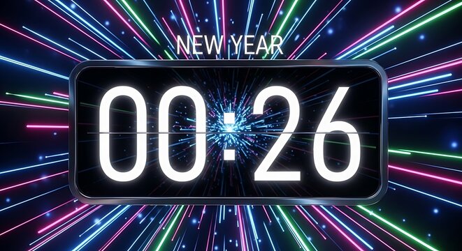 Countdown to New Year's Eve with dazzling neon light trails and a digital flip clock - Powered by Adobe