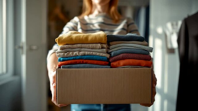 Woman Holding a Cardboard Box Filled with Folded Colorful Clothes in Bright Room Illustrating Home Organization and Donation Concept