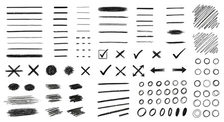 Collection of hand drawn black ink brush strokes check marks crosses arrows dots and circles on white background