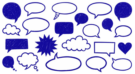 Collection of hand drawn blue speech bubbles and thought clouds in various shapes and sizes on a white background
