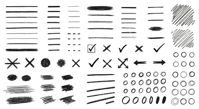 Collection of hand drawn black ink brush strokes check marks crosses arrows dots and circles on white background