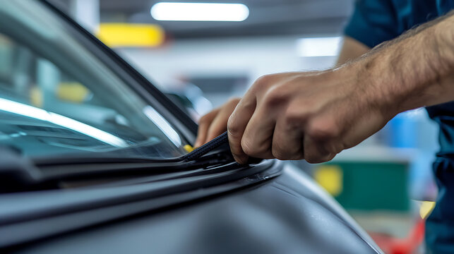 Close-up of auto technician carefully installing new windshield weather stripping. Precision meets protection for a secure seal against elements during replacement service.
